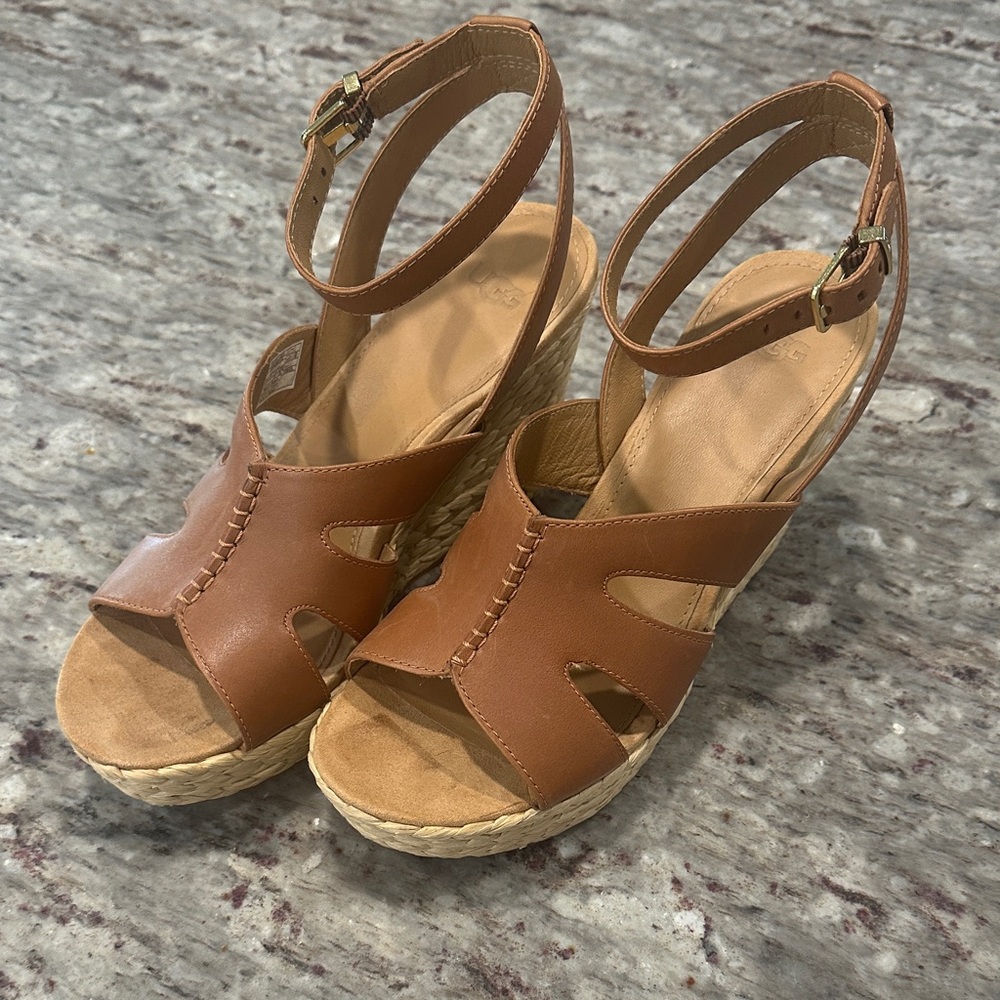UGG Tan Leather Wedge Sandals